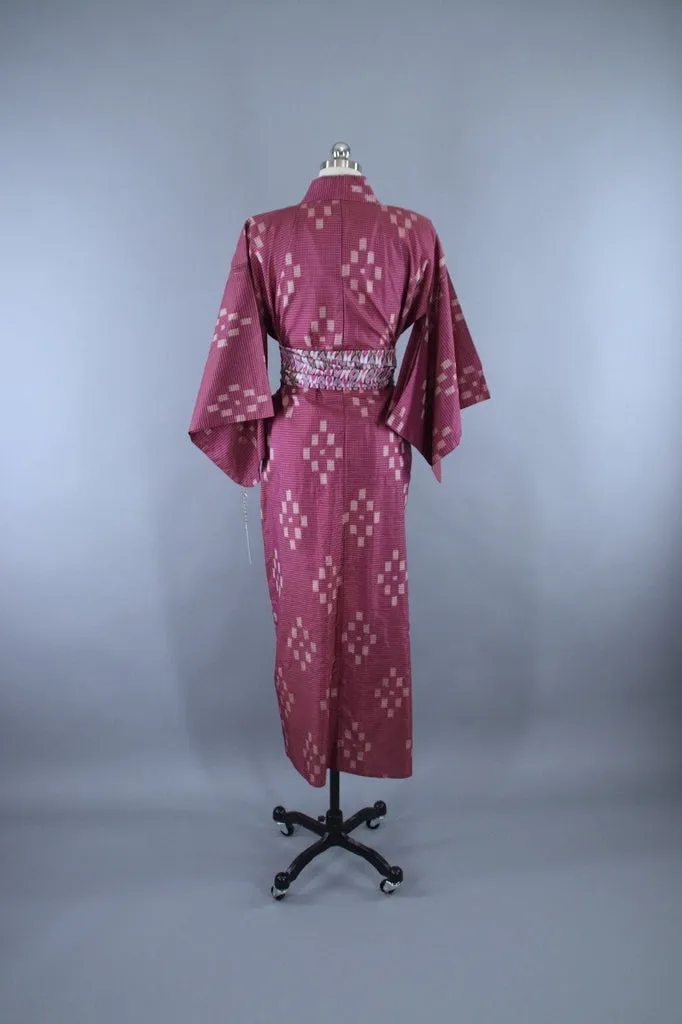 1950s Vintage Silk Kimono Robe / Purple Magenta Ikat Meisen Silk