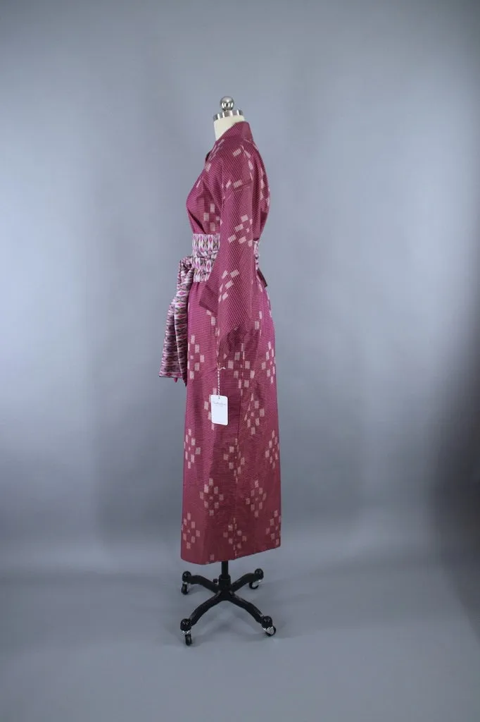 1950s Vintage Silk Kimono Robe / Purple Magenta Ikat Meisen Silk