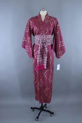 1950s Vintage Silk Kimono Robe / Purple Magenta Ikat Meisen Silk