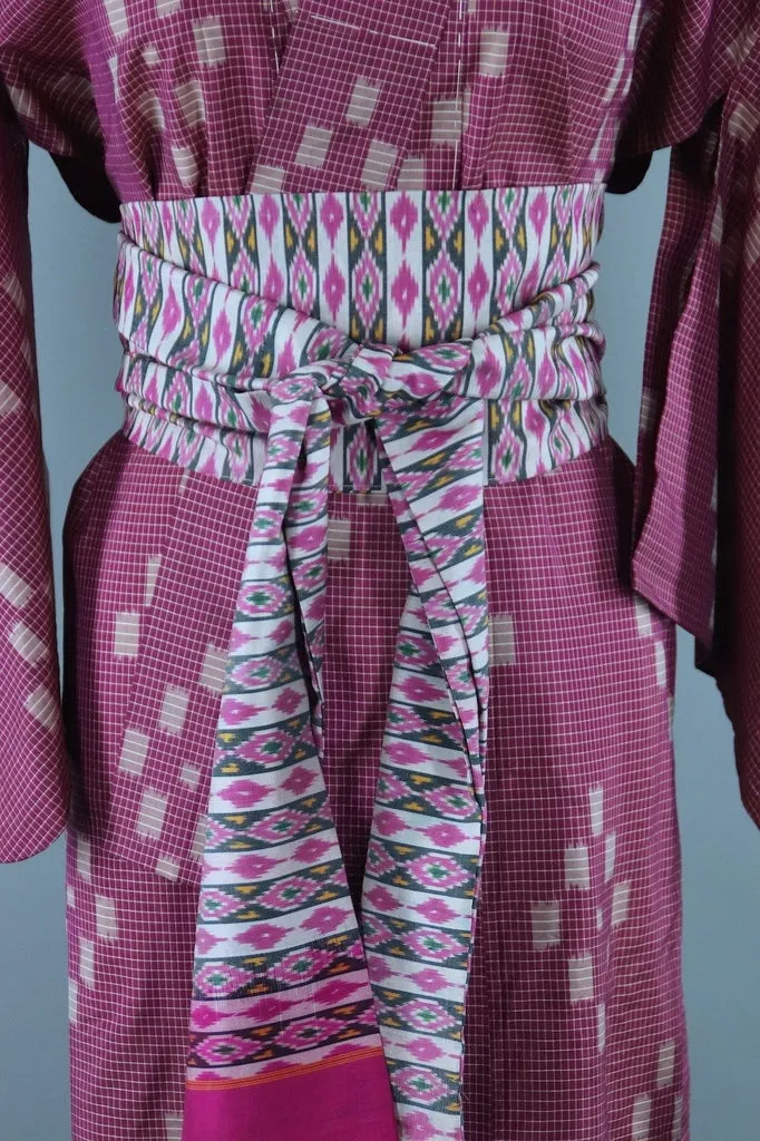 1950s Vintage Silk Kimono Robe / Purple Magenta Ikat Meisen Silk