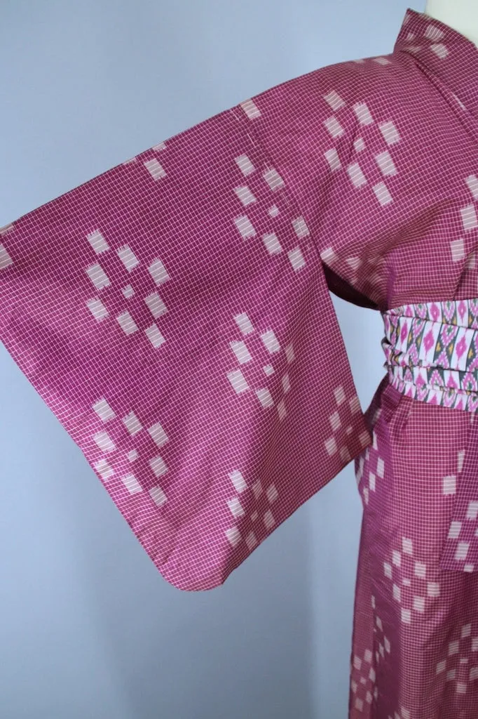 1950s Vintage Silk Kimono Robe / Purple Magenta Ikat Meisen Silk