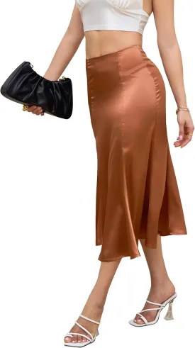 ALCEA ROSEA Womens Silky Satin Midi Skirt High Waist Elastic Waist A Line Skirt with Slit