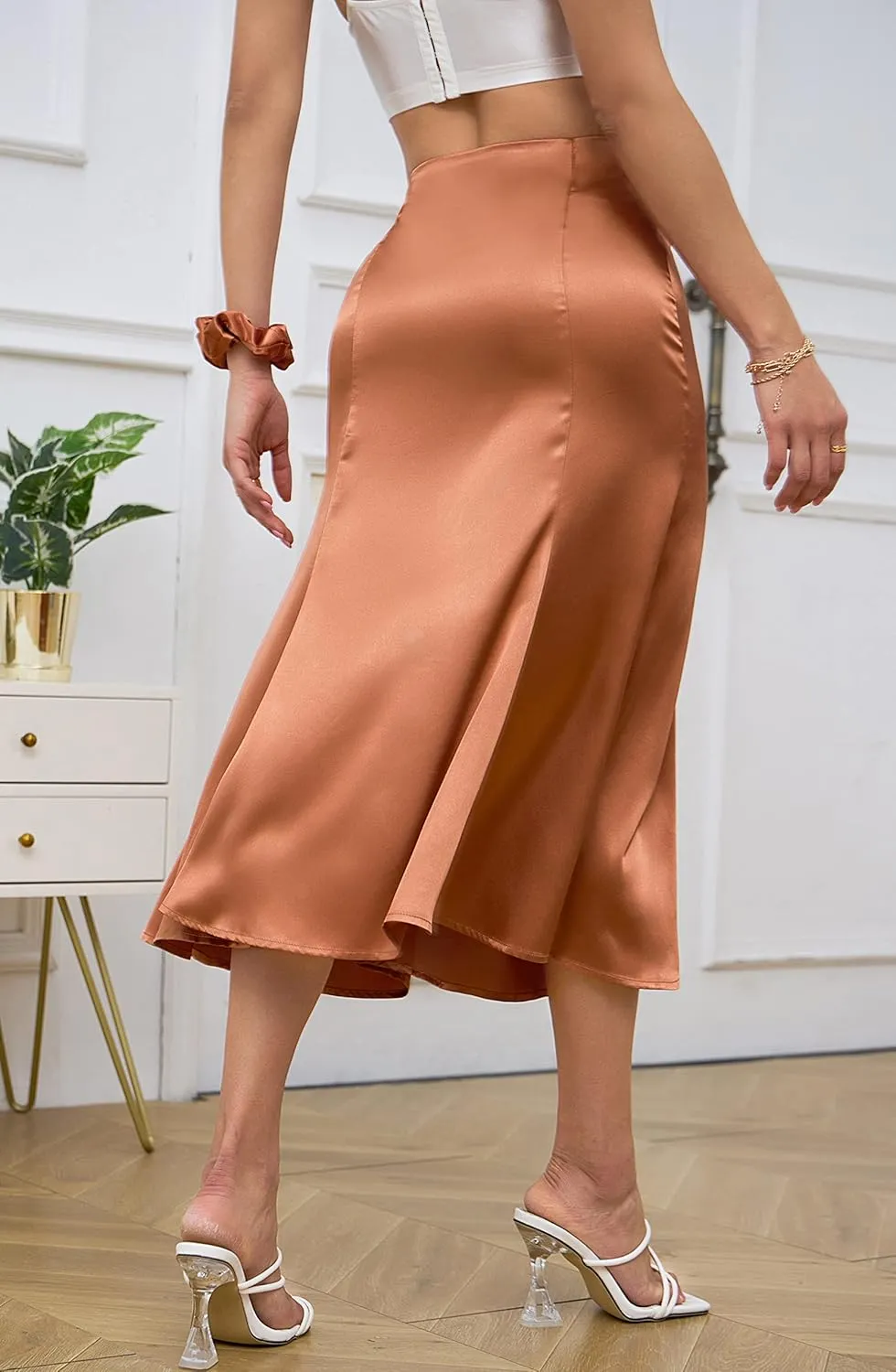 ALCEA ROSEA Womens Silky Satin Midi Skirt High Waist Elastic Waist A Line Skirt with Slit