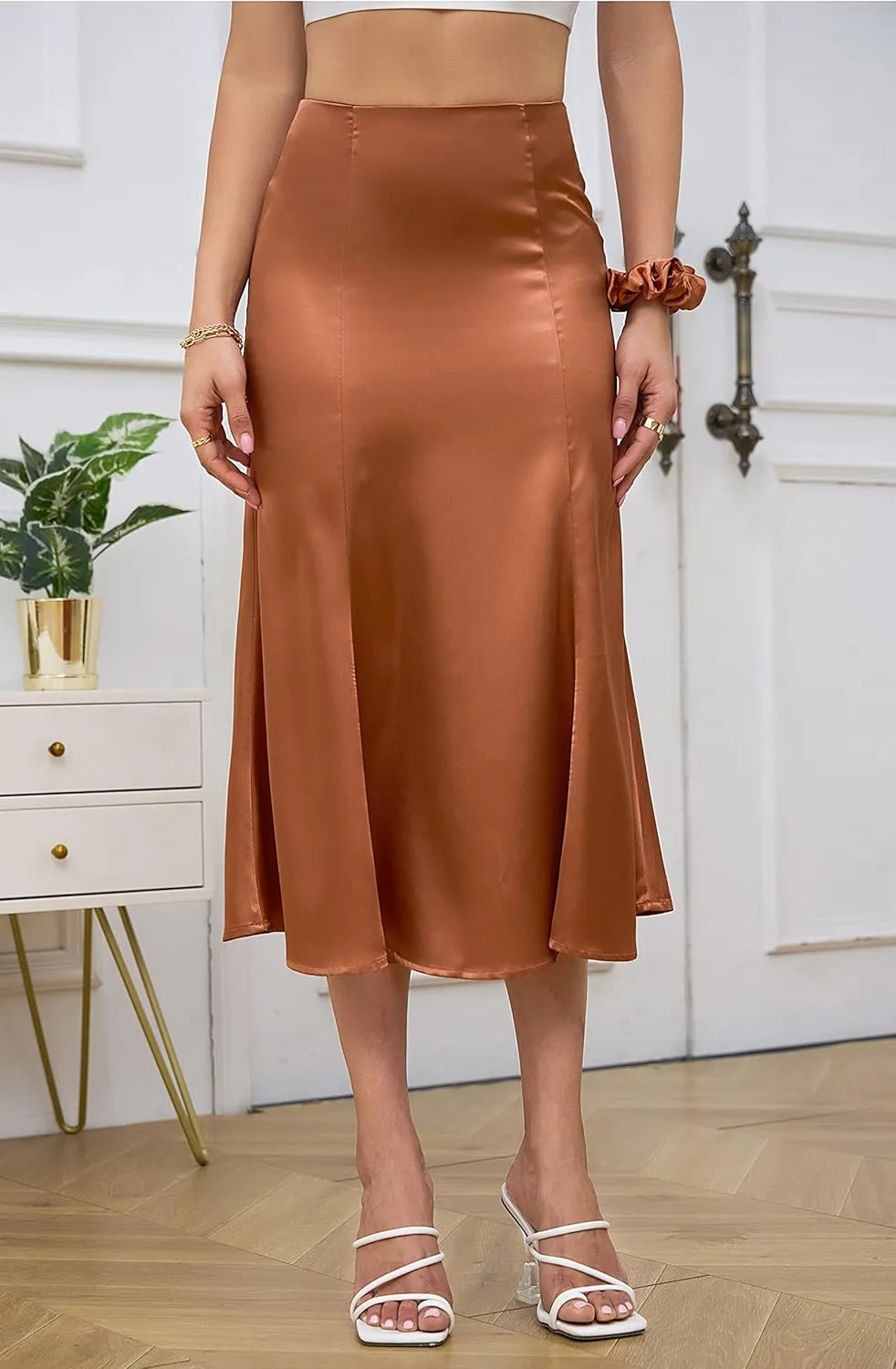 ALCEA ROSEA Womens Silky Satin Midi Skirt High Waist Elastic Waist A Line Skirt with Slit