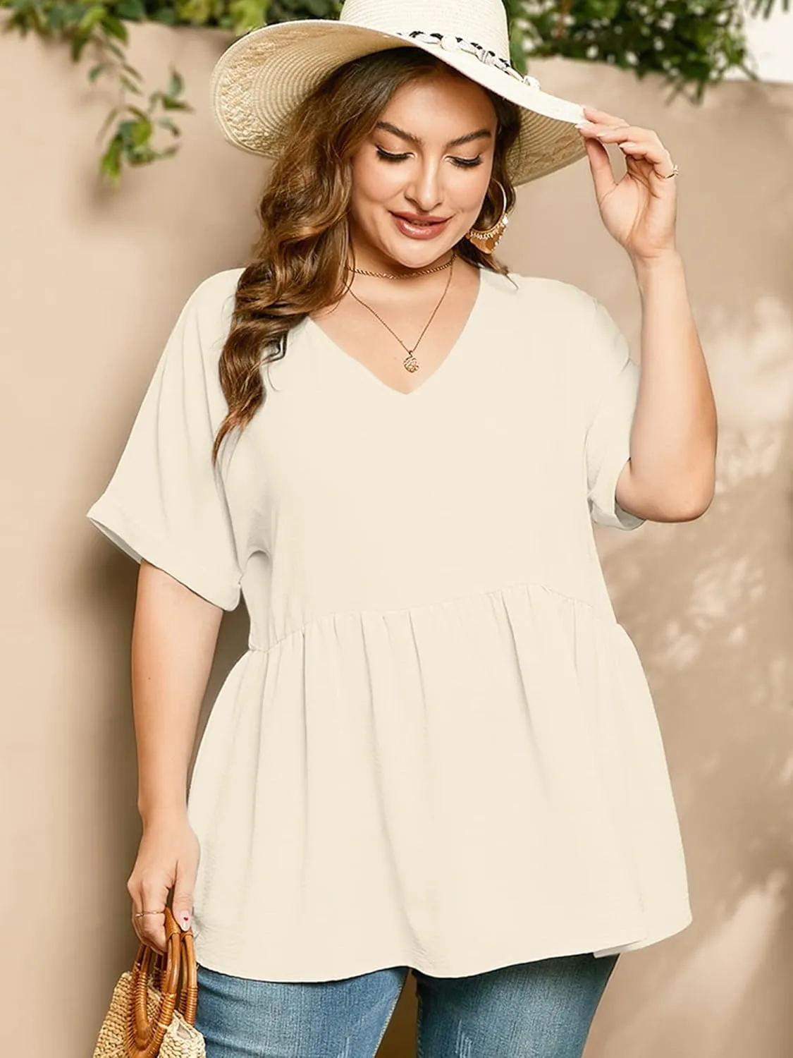 AusLook Plus Size Tunic for Women Double Ruffle Short Sleeve Clothes Loose Fit Clothing Flowy Shirts Summer Tops