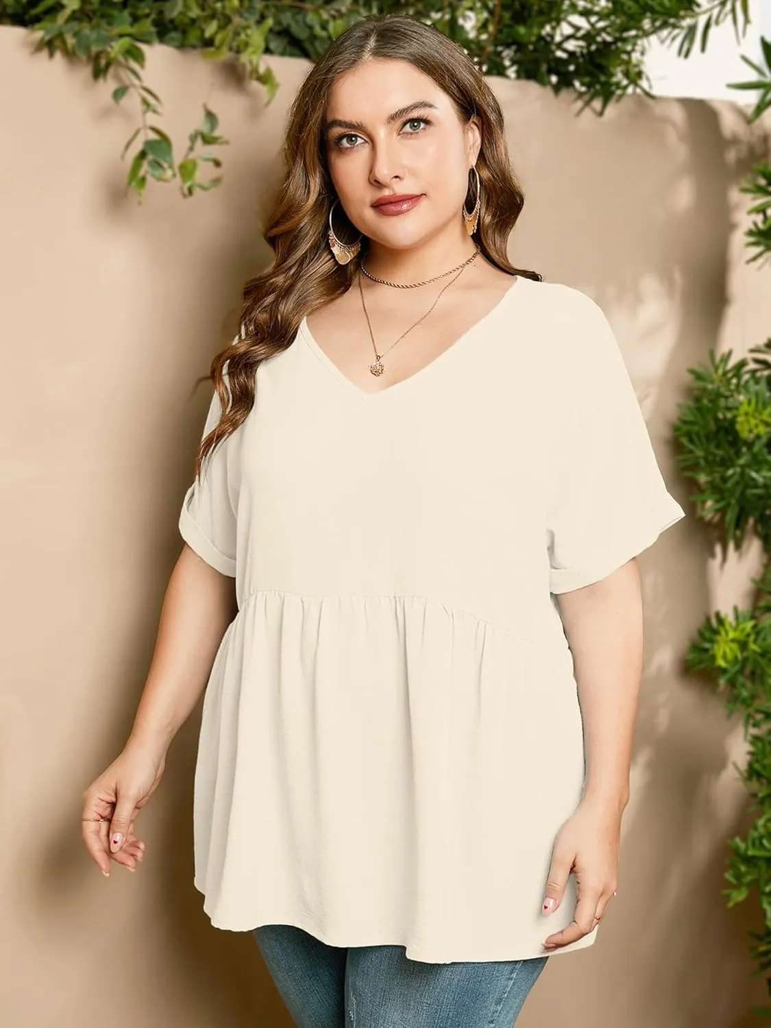 AusLook Plus Size Tunic for Women Double Ruffle Short Sleeve Clothes Loose Fit Clothing Flowy Shirts Summer Tops