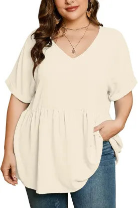 AusLook Plus Size Tunic for Women Double Ruffle Short Sleeve Clothes Loose Fit Clothing Flowy Shirts Summer Tops