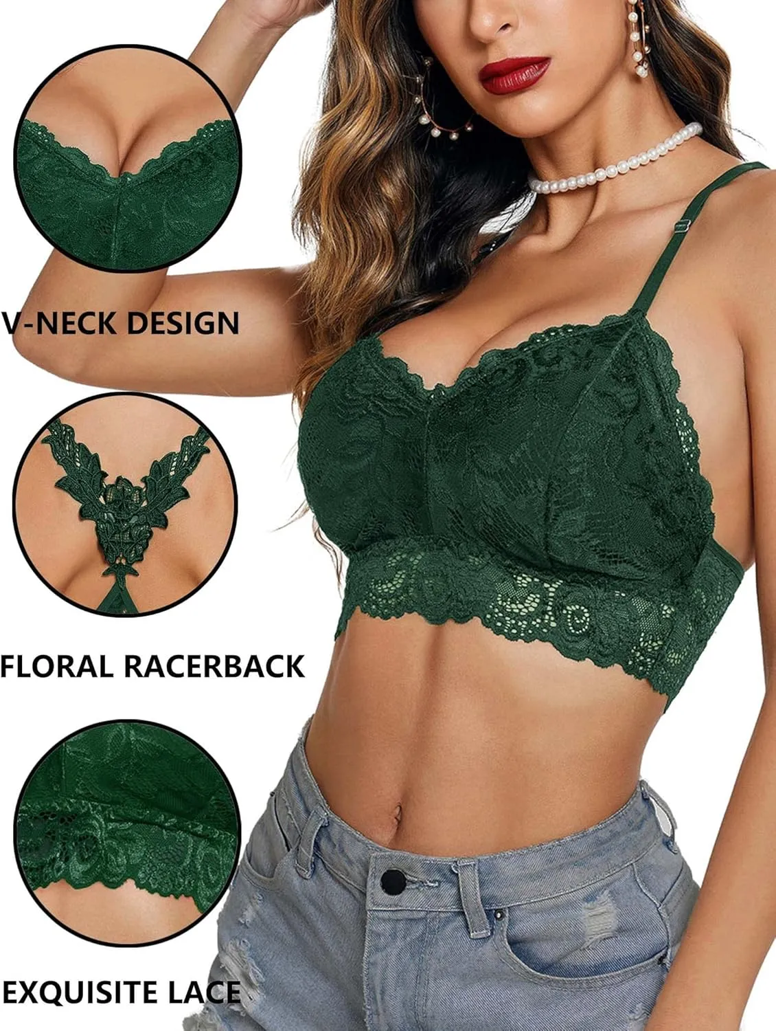 Avidlove Lace Bralettes for Women Padded Bralette Camisole Racerback Crop Top Floral Lace Bralettes V Neck