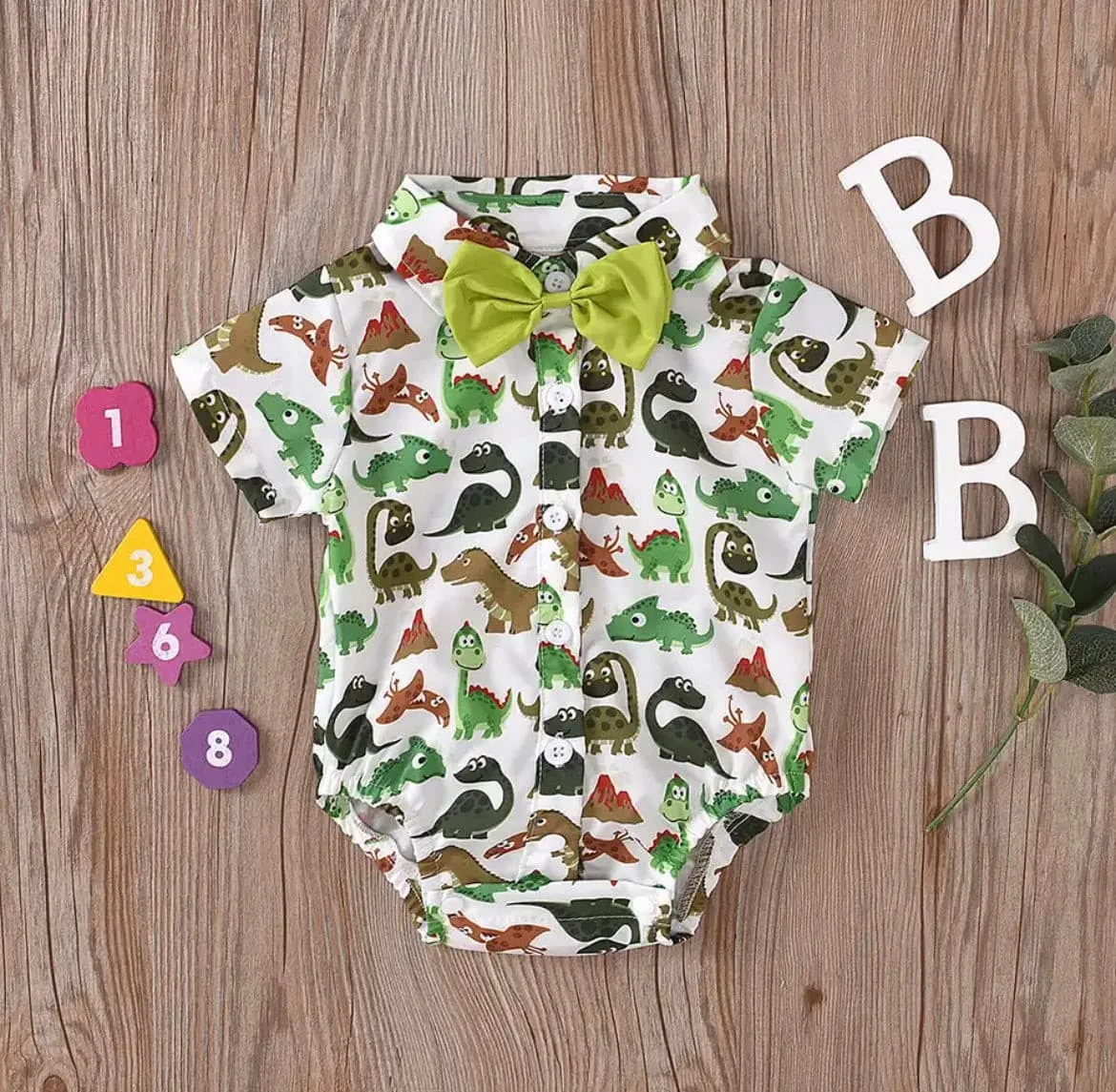 Baby Boy Dinosaur Romper   Bow tie - Green