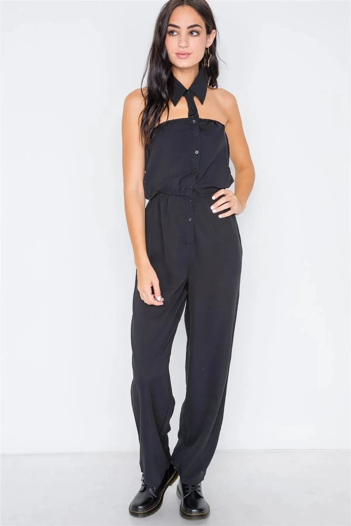 Black Basic Collar Button Down Solid Jumpsuit /2-2-2