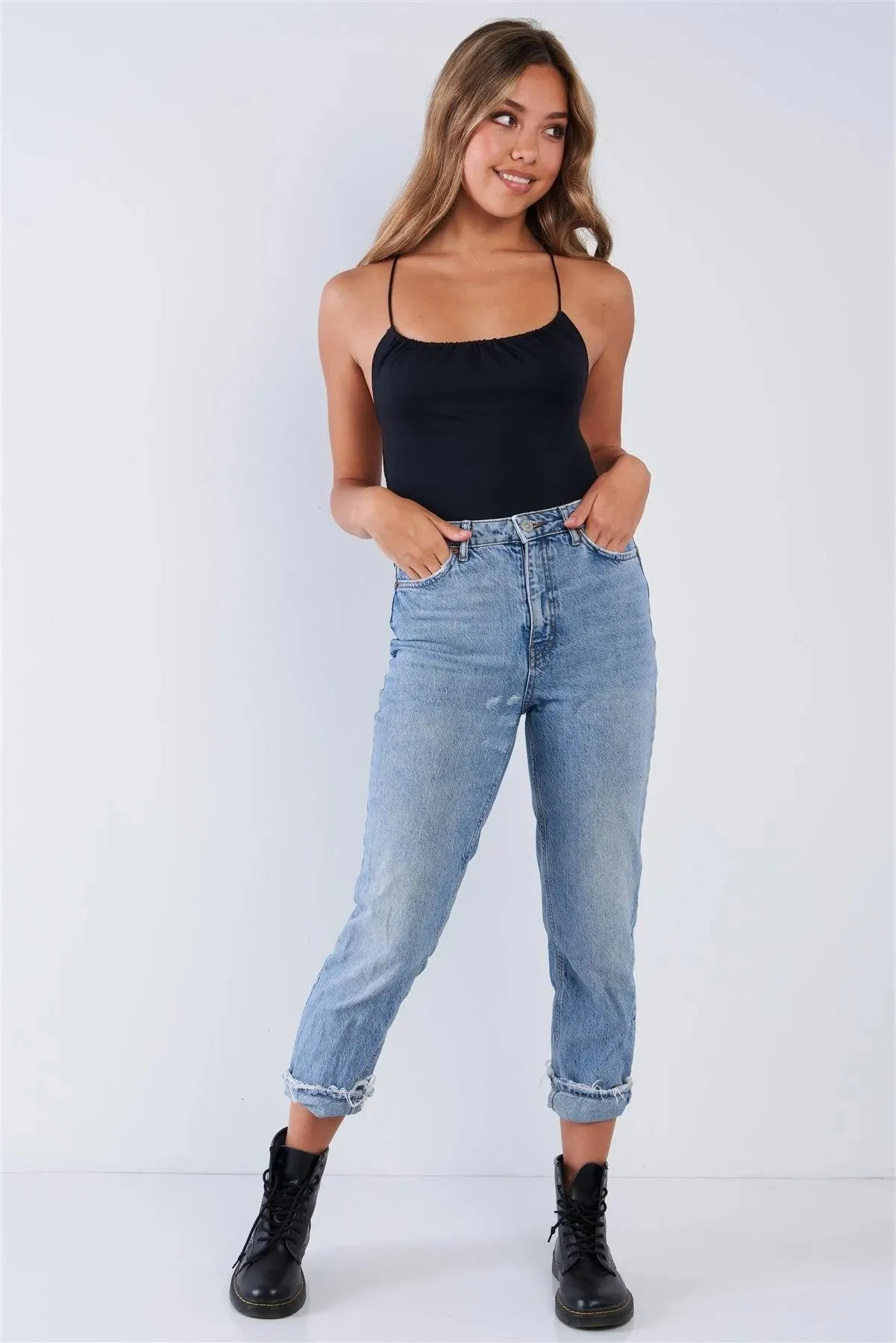 Black Open Back Criss Cross Stretchy Spandex Bodysuit /3-2-1