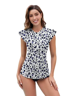Blue Leopard Ruffled Sleeveless Rash Guard For Women