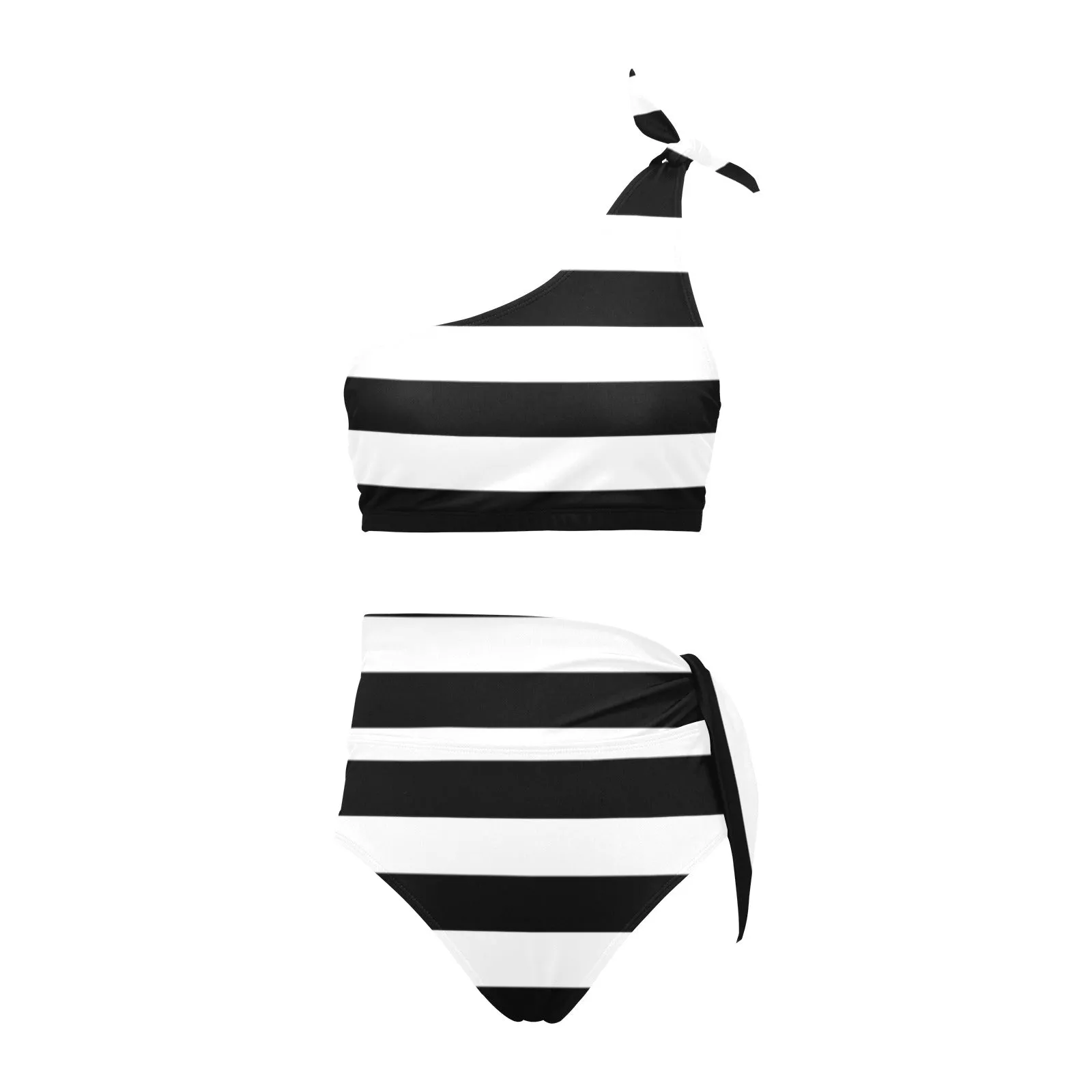 bw bold striped print 2 High Waisted One Shoulder Bikini Set (Model S16)