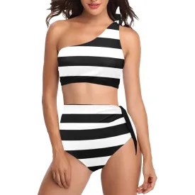 bw bold striped print 2 High Waisted One Shoulder Bikini Set (Model S16)
