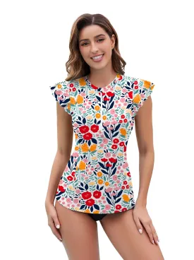 Colorful Floral Ruffled Sleeveless Rash Guard For Women