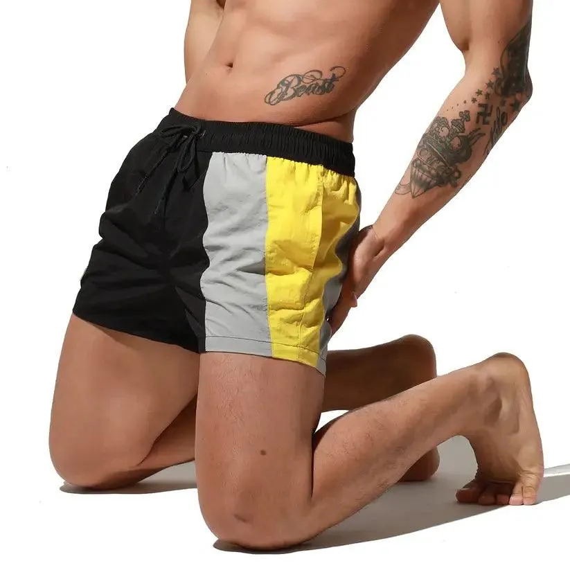 Desmiit Men's Geometric Stitching Quick-Dry Board Shorts | Black Beach Swimwear