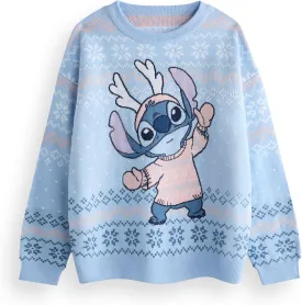 Disney Lilo & Stitch Womens Christmas Jumper in Blue | Warm Graphic Knitted Sweater for Adults | Festive Holiday