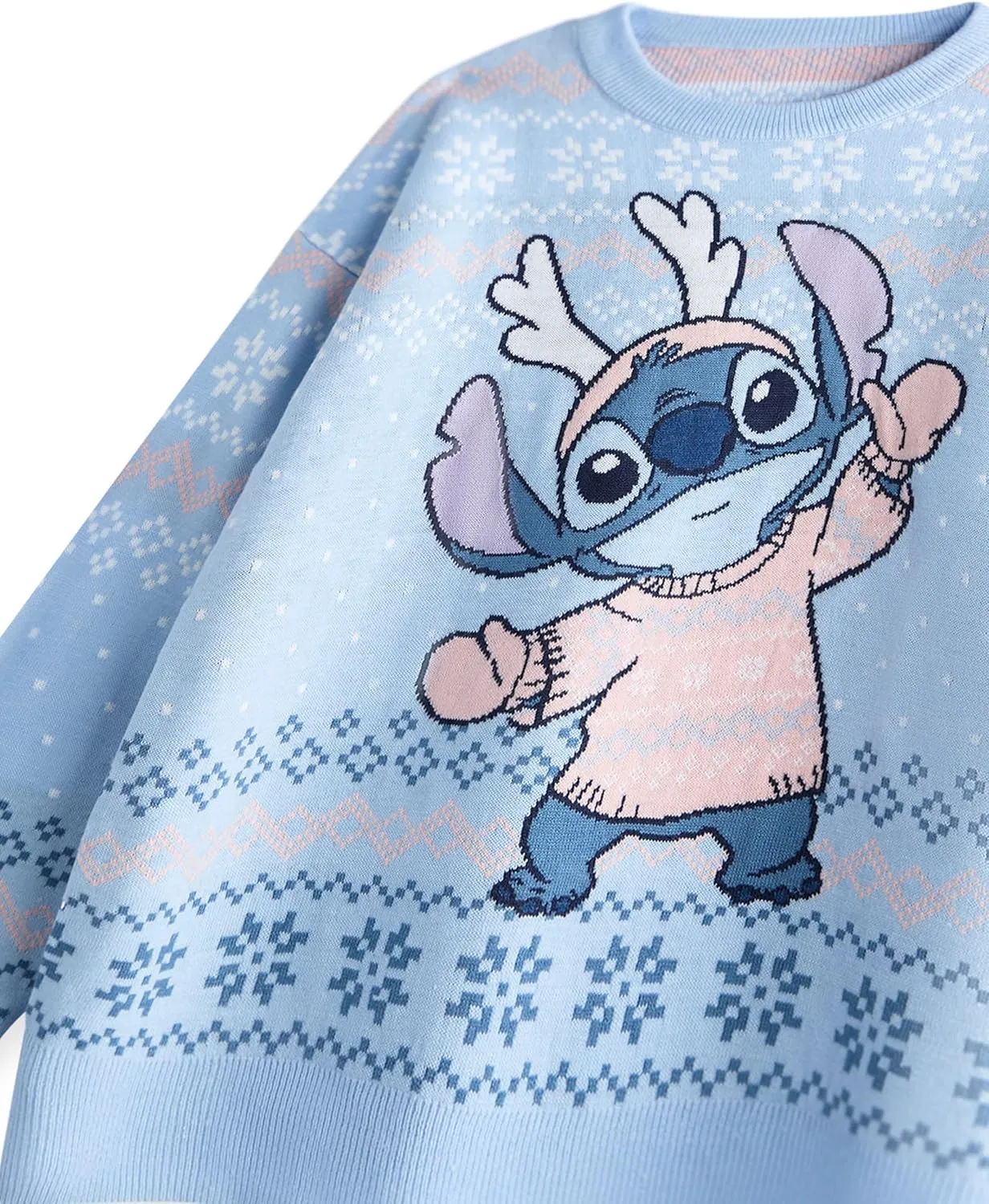 Disney Lilo & Stitch Womens Christmas Jumper in Blue | Warm Graphic Knitted Sweater for Adults | Festive Holiday