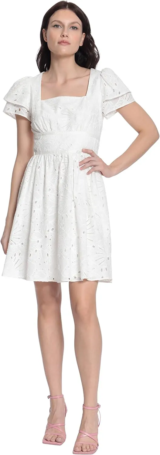 Donna Morgan Women's Square Neck Eyelet Feminine Dress with Double Short Sleeves Detail