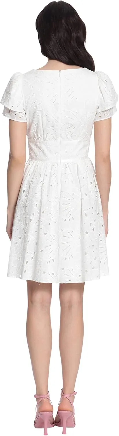 Donna Morgan Women's Square Neck Eyelet Feminine Dress with Double Short Sleeves Detail