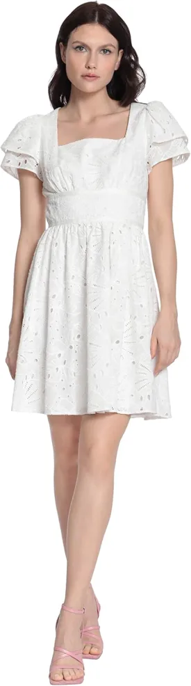 Donna Morgan Women's Square Neck Eyelet Feminine Dress with Double Short Sleeves Detail