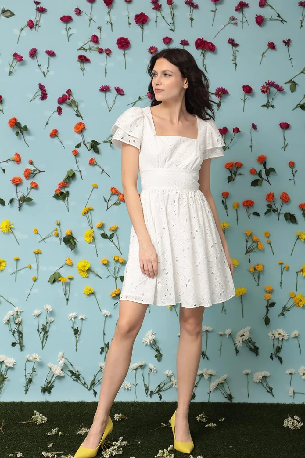 Donna Morgan Women's Square Neck Eyelet Feminine Dress with Double Short Sleeves Detail