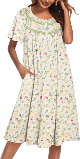 Ekouaer Moo Moos for Women House Dress with Pockets Short Sleeve Mumu Dress Button Down Nightgown Soft Sleepwear S-XXXL