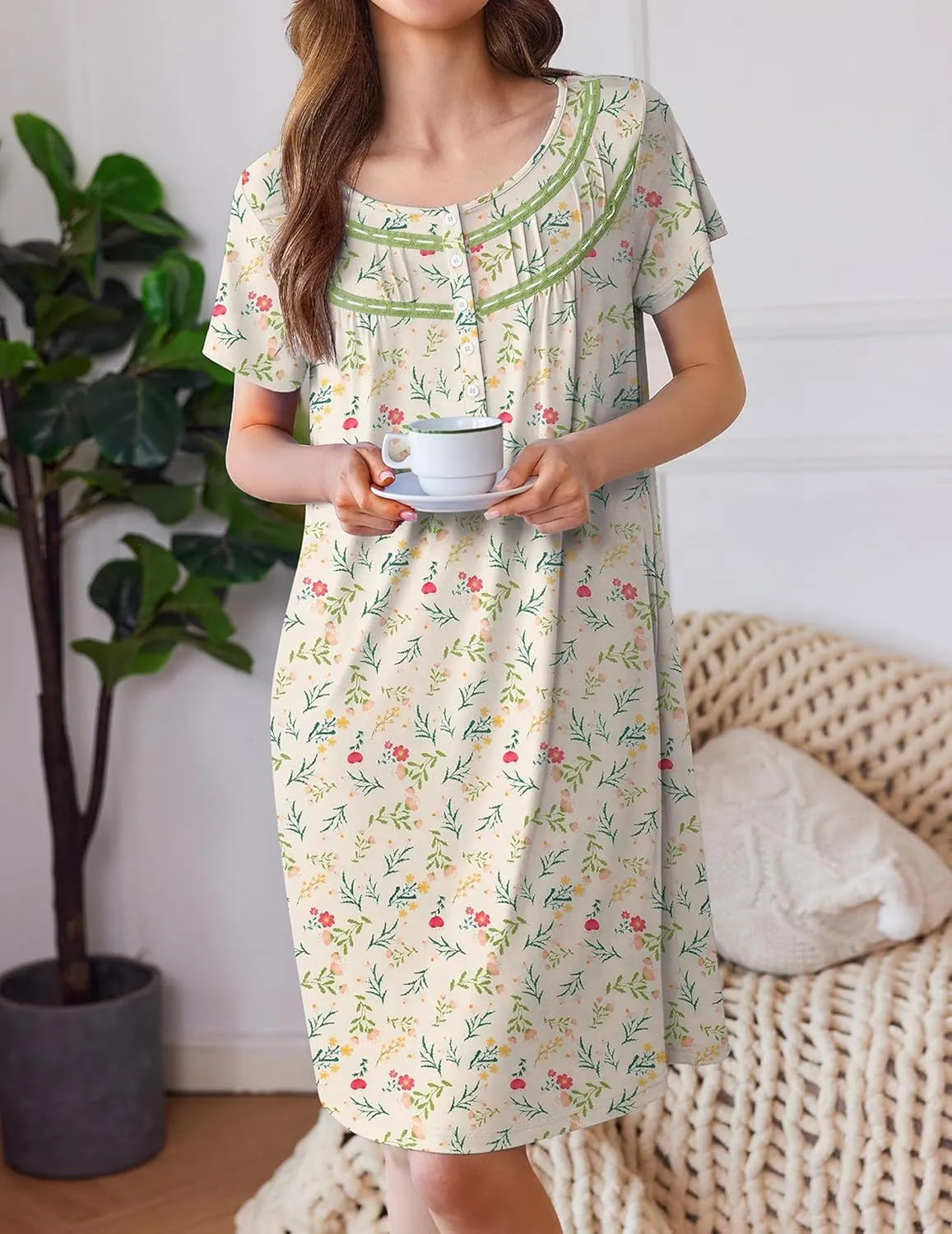 Ekouaer Moo Moos for Women House Dress with Pockets Short Sleeve Mumu Dress Button Down Nightgown Soft Sleepwear S-XXXL
