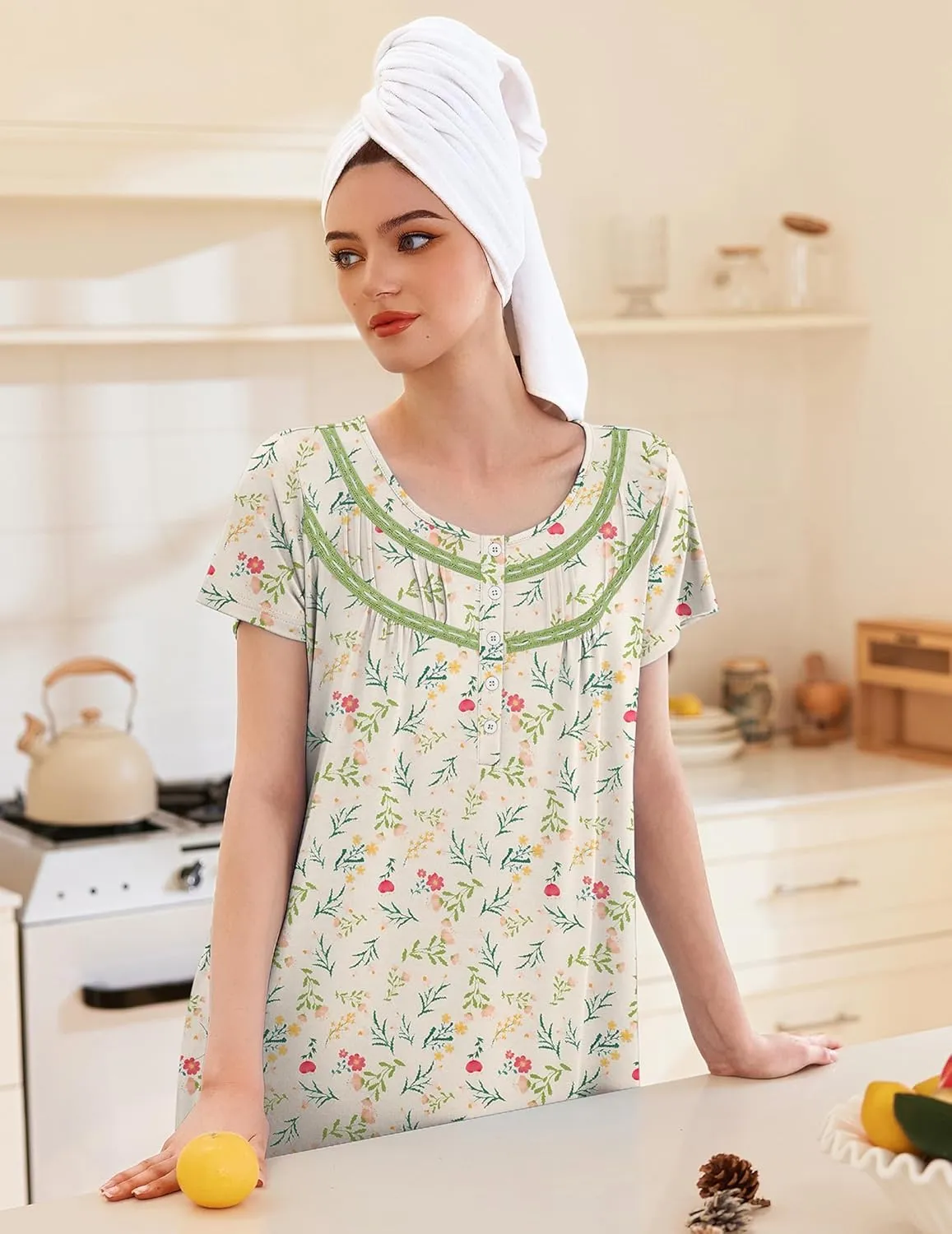 Ekouaer Moo Moos for Women House Dress with Pockets Short Sleeve Mumu Dress Button Down Nightgown Soft Sleepwear S-XXXL