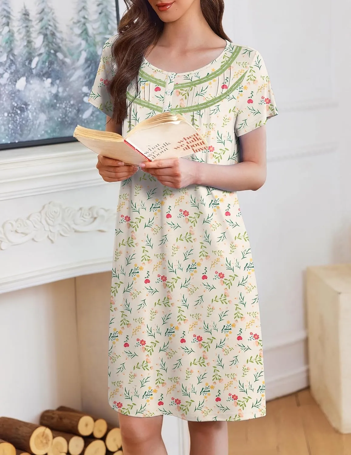 Ekouaer Moo Moos for Women House Dress with Pockets Short Sleeve Mumu Dress Button Down Nightgown Soft Sleepwear S-XXXL