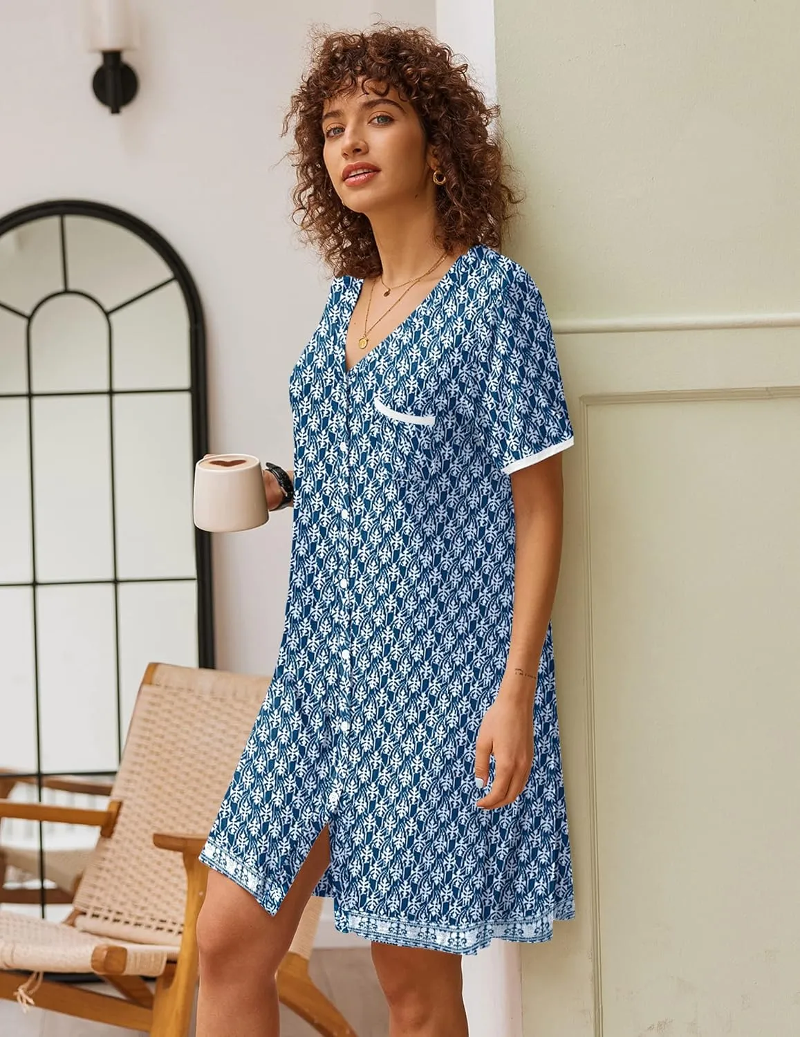 Ekouaer Nightgowns for Women Button Down Pajamas Tops Short Sleeve Sleepwear V-Neck Sleepwear S-3XL