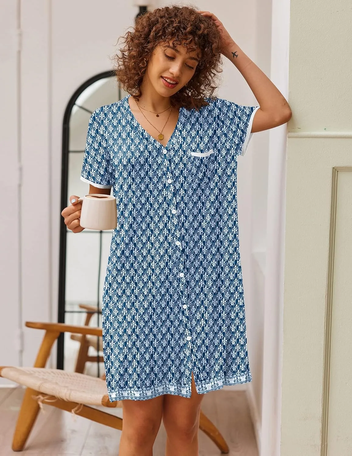 Ekouaer Nightgowns for Women Button Down Pajamas Tops Short Sleeve Sleepwear V-Neck Sleepwear S-3XL
