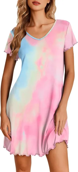 Ekouaer Nightgowns for Women Short Sleeve Sleepshirt V Neck Short Nightshirt Pullover Soft Ruffled Sleepwear S-XXXL
