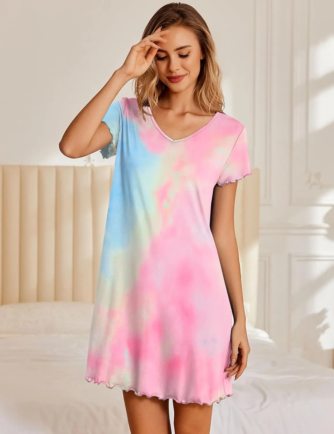 Ekouaer Nightgowns for Women Short Sleeve Sleepshirt V Neck Short Nightshirt Pullover Soft Ruffled Sleepwear S-XXXL