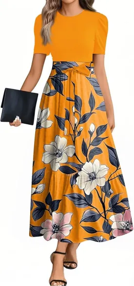 Elegant Women's Floral Maxi Dress Short Sleeve High Waist Casual Long Dress with A Bow Tie Waist