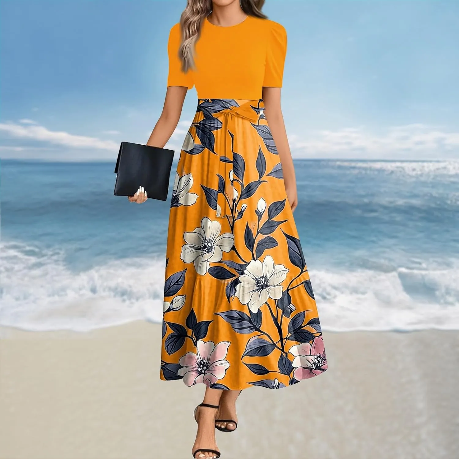Elegant Women's Floral Maxi Dress Short Sleeve High Waist Casual Long Dress with A Bow Tie Waist