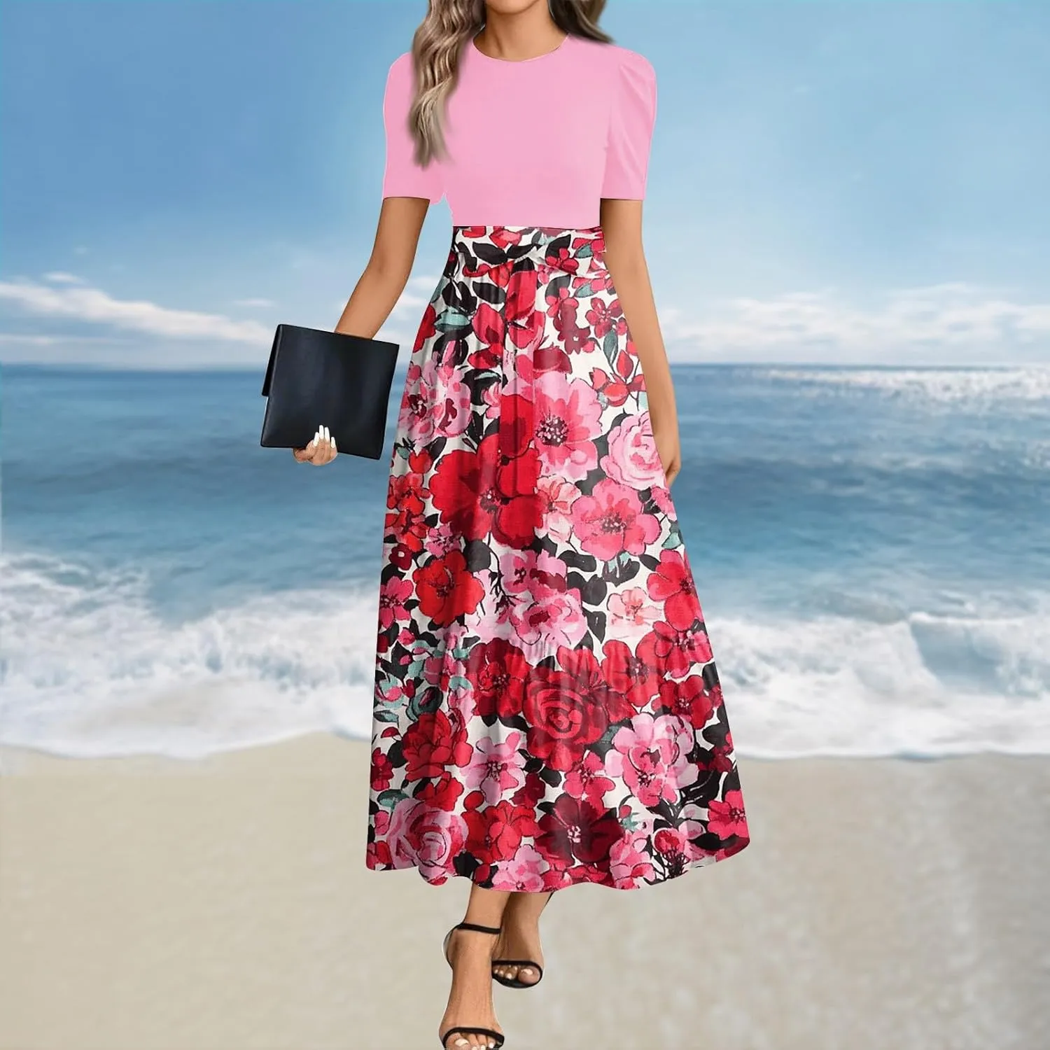 Elegant Women's Floral Maxi Dress Short Sleeve High Waist Casual Long Dress with A Bow Tie Waist