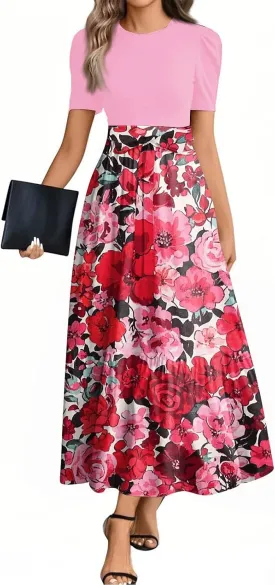 Elegant Women's Floral Maxi Dress Short Sleeve High Waist Casual Long Dress with A Bow Tie Waist