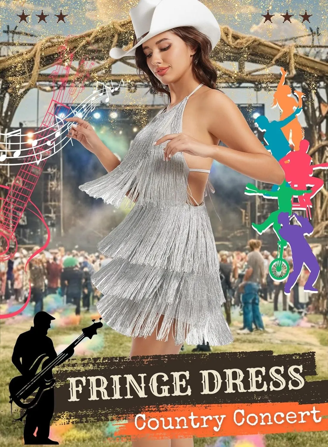 EVELUST Womens Country Concert Fringe Dress - Western Cowgirl Outfit Backless Halter Elastic Jumpsuit Rodeo Festival Romper