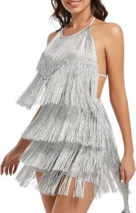 EVELUST Womens Country Concert Fringe Dress - Western Cowgirl Outfit Backless Halter Elastic Jumpsuit Rodeo Festival Romper