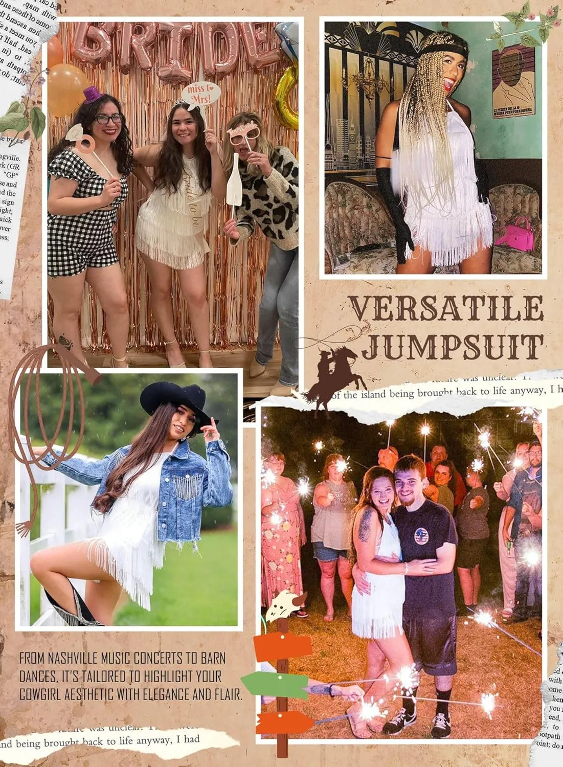 EVELUST Womens Country Concert Fringe Dress - Western Cowgirl Outfit Backless Halter Elastic Jumpsuit Rodeo Festival Romper