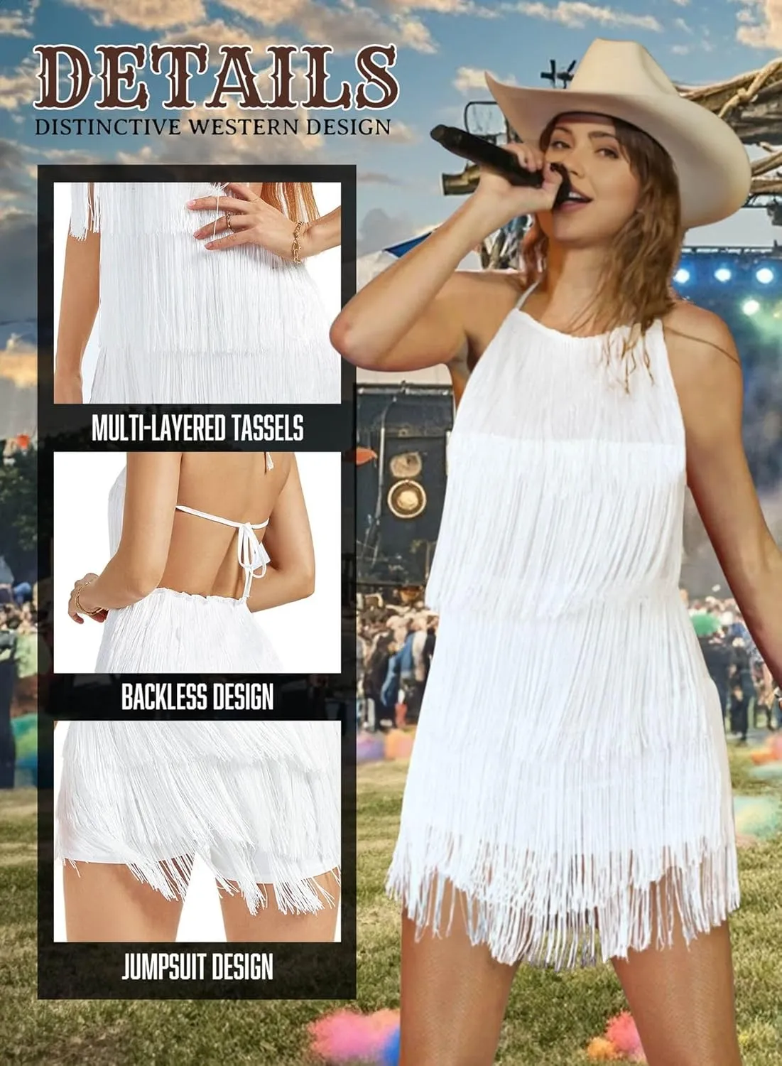 EVELUST Womens Country Concert Fringe Dress - Western Cowgirl Outfit Backless Halter Elastic Jumpsuit Rodeo Festival Romper
