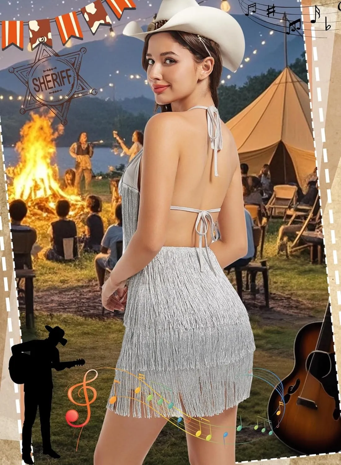 EVELUST Womens Country Concert Fringe Dress - Western Cowgirl Outfit Backless Halter Elastic Jumpsuit Rodeo Festival Romper