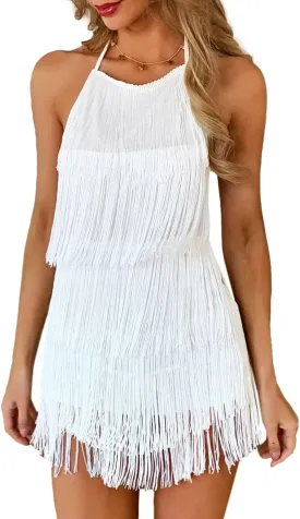 EVELUST Womens Country Concert Fringe Dress - Western Cowgirl Outfit Backless Halter Elastic Jumpsuit Rodeo Festival Romper