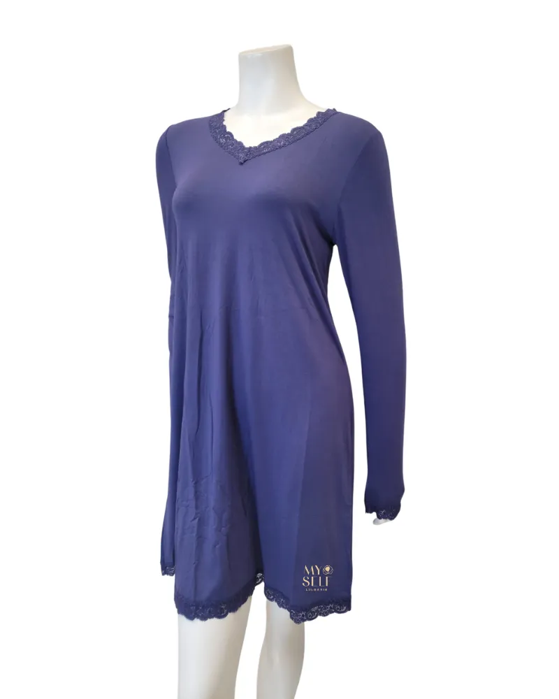 Fleur't Oxford Blue V Neck Long Sleeve Modal Nightshirt