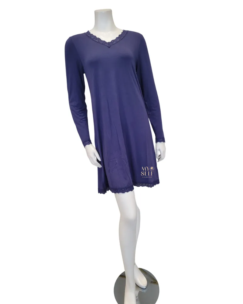 Fleur't Oxford Blue V Neck Long Sleeve Modal Nightshirt