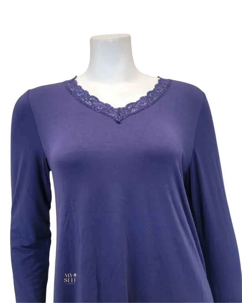 Fleur't Oxford Blue V Neck Long Sleeve Modal Nightshirt