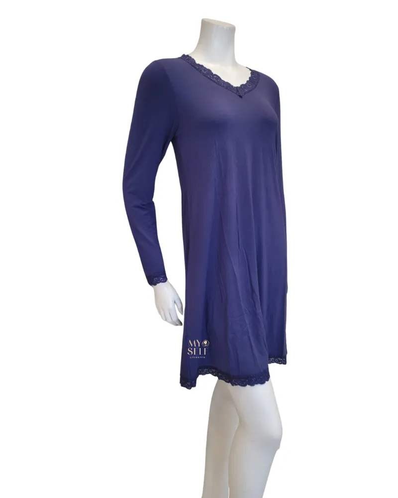 Fleur't Oxford Blue V Neck Long Sleeve Modal Nightshirt