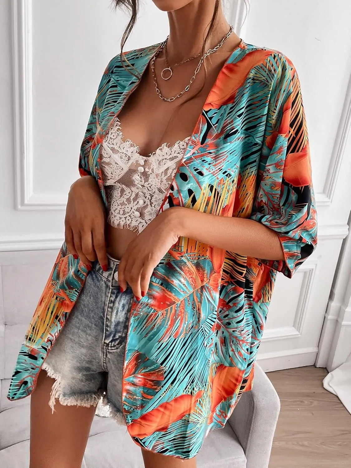 Floerns Women's Half Sleeve Open Front Geo Print Sheer Cardigan Kimono Coverup