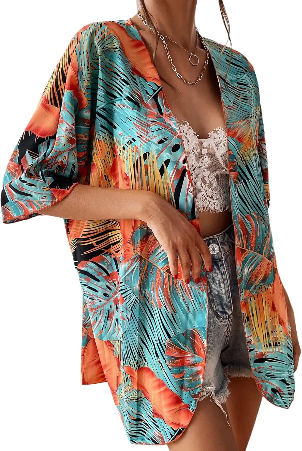 Floerns Women's Half Sleeve Open Front Geo Print Sheer Cardigan Kimono Coverup